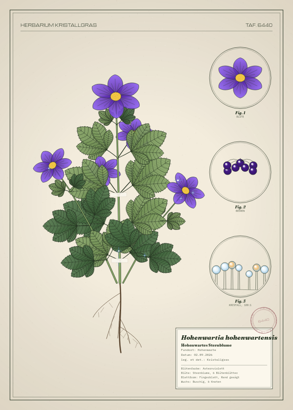 Botanische Tafel: Hohenwartia hohenwartensis, eine erfundene Pflanze aus Hohenwarte, gezeichnet wie in einem alten Pflanzenatlas