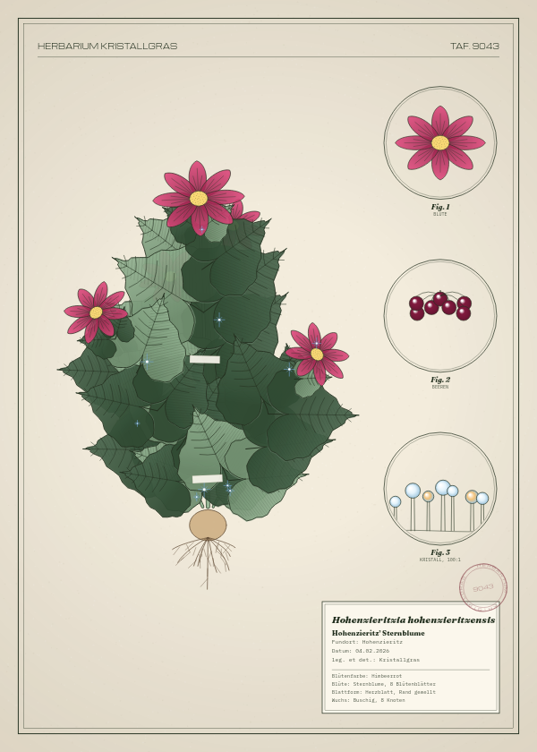 Botanische Tafel: Hohenzieritzia hohenzieritzensis, eine erfundene Pflanze aus Hohenzieritz, gezeichnet wie in einem alten Pflanzenatlas