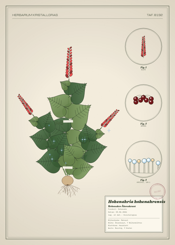 Botanische Tafel: Hohenahria hohenahrensis, eine erfundene Pflanze aus Hohenahr, gezeichnet wie in einem alten Pflanzenatlas