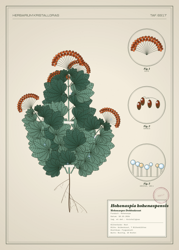 Botanische Tafel: Hohenaspia hohenaspensis, eine erfundene Pflanze aus Hohenaspe, gezeichnet wie in einem alten Pflanzenatlas