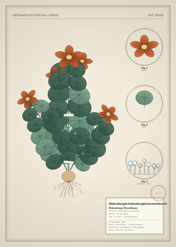 Botanische Tafel: Hohenbergia hohenbergkrusemarkensis, eine erfundene Pflanze aus Hohenberg-Krusemark, gezeichnet wie in einem alten Pflanzenatlas