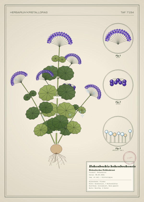 Botanische Tafel: Hohenbockia hohenbockensis, eine erfundene Pflanze aus Hohenbocka, gezeichnet wie in einem alten Pflanzenatlas