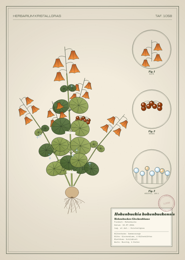 Botanische Tafel: Hohenbuckia hohenbuckensis, eine erfundene Pflanze aus Hohenbucko, gezeichnet wie in einem alten Pflanzenatlas