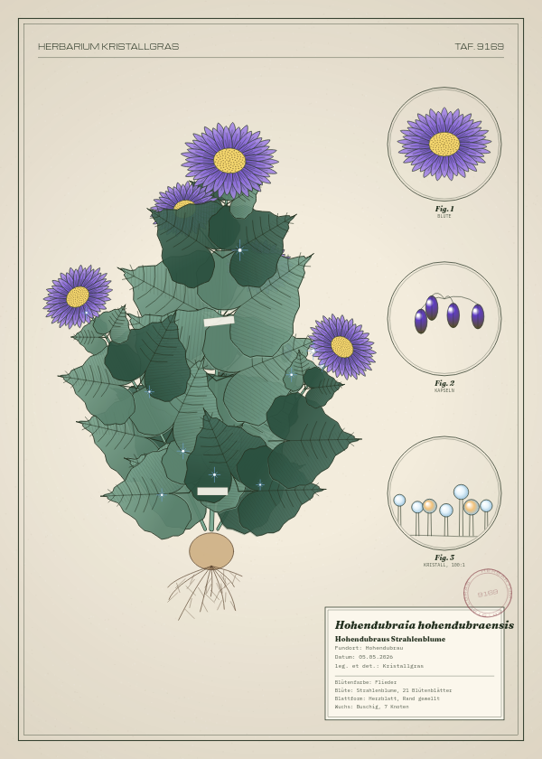 Botanische Tafel: Hohendubraia hohendubraensis, eine erfundene Pflanze aus Hohendubrau, gezeichnet wie in einem alten Pflanzenatlas