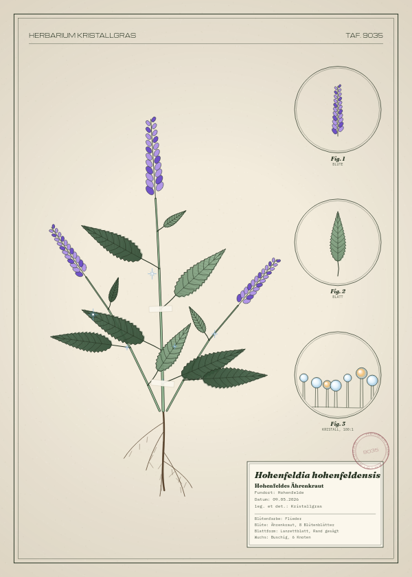 Botanische Tafel: Hohenfeldia hohenfeldensis, eine erfundene Pflanze aus Hohenfelde, gezeichnet wie in einem alten Pflanzenatlas