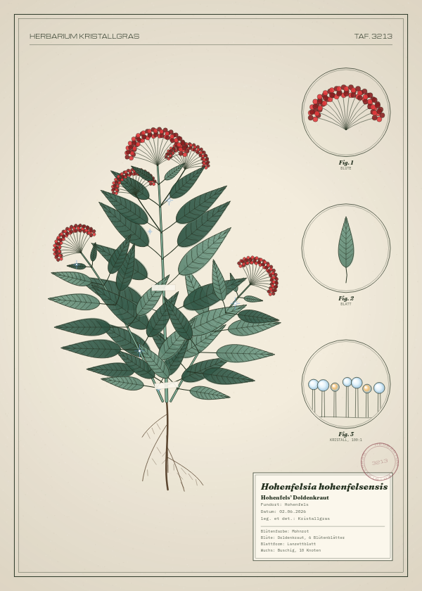 Botanische Tafel: Hohenfelsia hohenfelsensis, eine erfundene Pflanze aus Hohenfels, gezeichnet wie in einem alten Pflanzenatlas