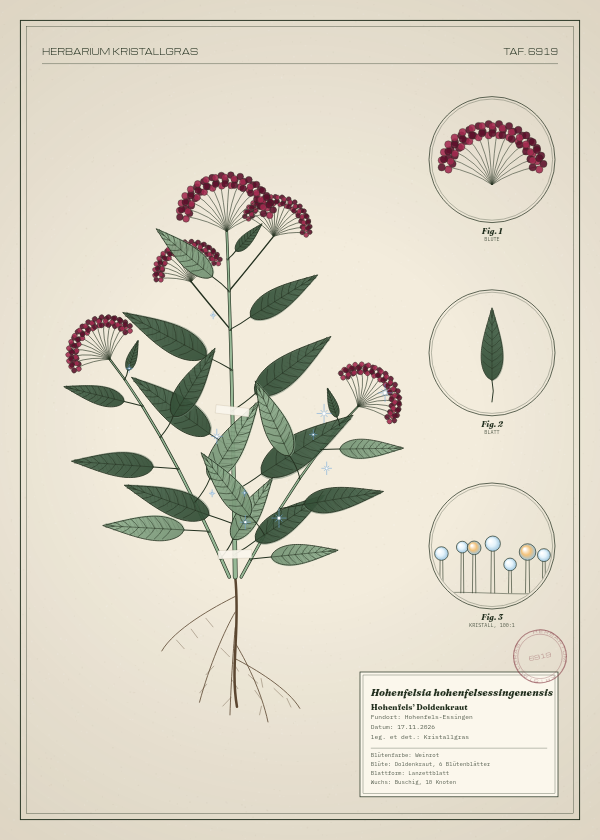Botanische Tafel: Hohenfelsia hohenfelsessingenensis, eine erfundene Pflanze aus Hohenfels-Essingen, gezeichnet wie in einem alten Pflanzenatlas