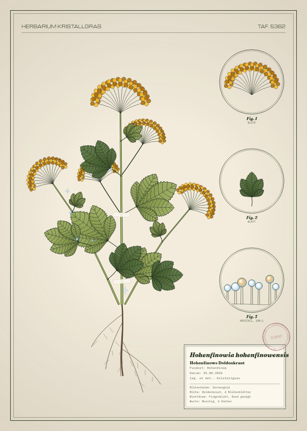 Botanische Tafel: Hohenfinowia hohenfinowensis, eine erfundene Pflanze aus Hohenfinow, gezeichnet wie in einem alten Pflanzenatlas