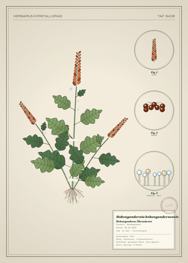 Botanische Tafel: Hohengandernia hohengandernensis, eine erfundene Pflanze aus Hohengandern, gezeichnet wie in einem alten Pflanzenatlas