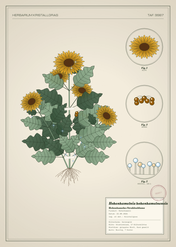 Botanische Tafel: Hohenhamelnia hohenhamelnensis, eine erfundene Pflanze aus Hohenhameln, gezeichnet wie in einem alten Pflanzenatlas