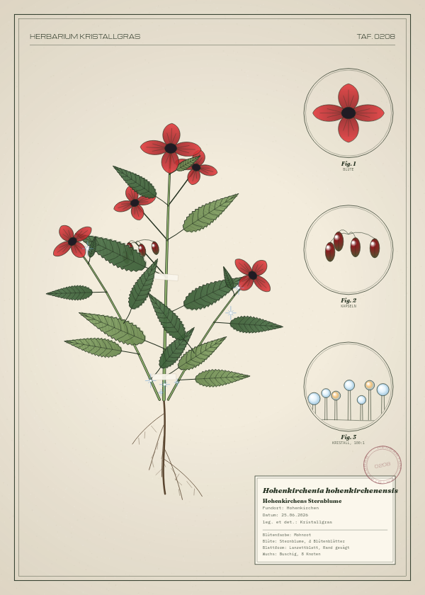 Botanische Tafel: Hohenkirchenia hohenkirchenensis, eine erfundene Pflanze aus Hohenkirchen, gezeichnet wie in einem alten Pflanzenatlas