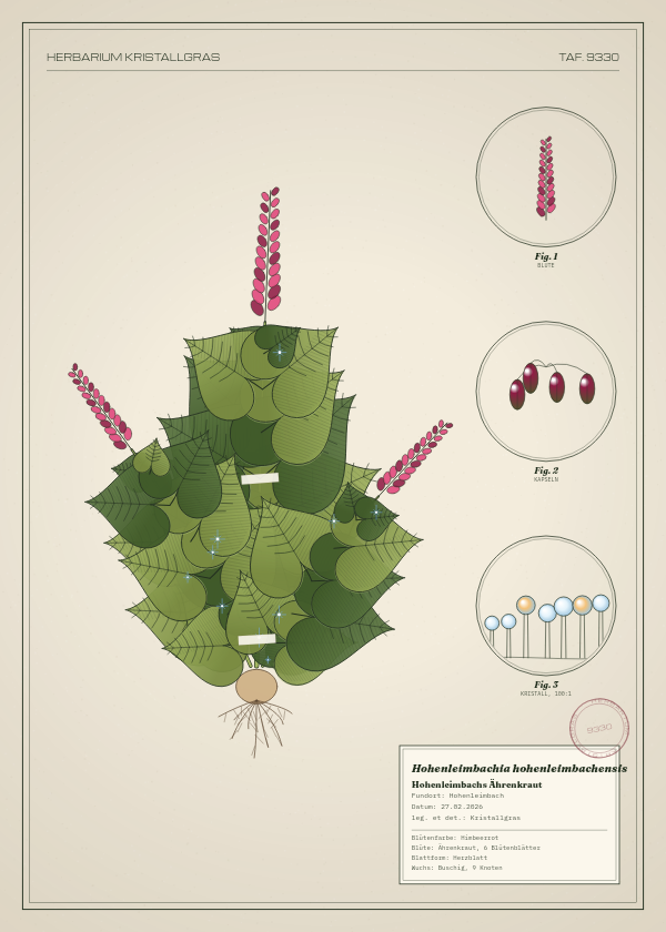 Botanische Tafel: Hohenleimbachia hohenleimbachensis, eine erfundene Pflanze aus Hohenleimbach, gezeichnet wie in einem alten Pflanzenatlas