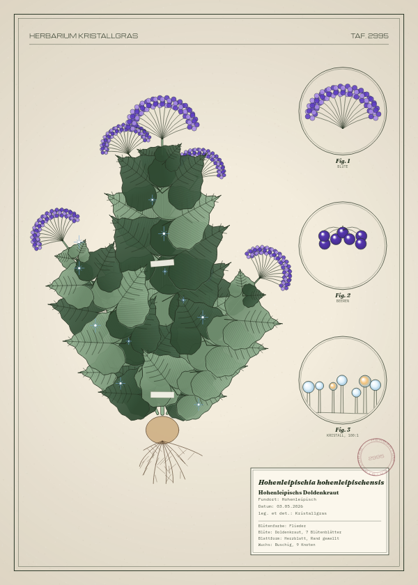 Botanische Tafel: Hohenleipischia hohenleipischensis, eine erfundene Pflanze aus Hohenleipisch, gezeichnet wie in einem alten Pflanzenatlas