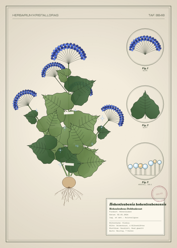 Botanische Tafel: Hohenleubenia hohenleubenensis, eine erfundene Pflanze aus Hohenleuben, gezeichnet wie in einem alten Pflanzenatlas