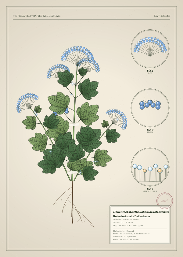 Botanische Tafel: Hohenlockstedtia hohenlockstedtensis, eine erfundene Pflanze aus Hohenlockstedt, gezeichnet wie in einem alten Pflanzenatlas