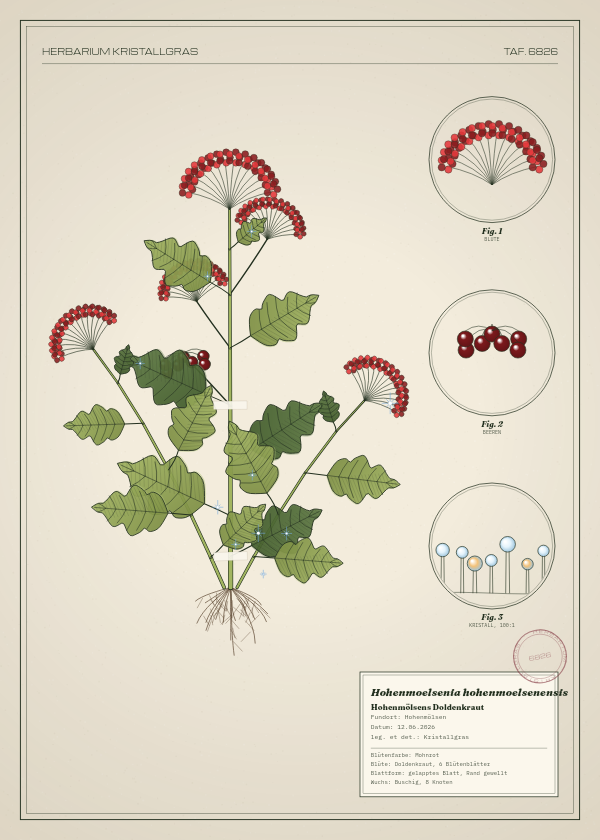 Botanische Tafel: Hohenmoelsenia hohenmoelsenensis, eine erfundene Pflanze aus Hohenmölsen, gezeichnet wie in einem alten Pflanzenatlas