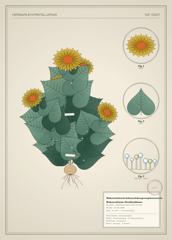 Botanische Tafel: Hohenselchowia hohenselchowgrosspinnowensis, eine erfundene Pflanze aus Hohenselchow-Groß Pinnow, gezeichnet wie in einem alten Pflanzenatlas