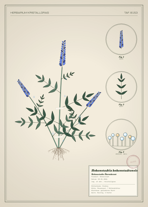 Botanische Tafel: Hohenstadtia hohenstadtensis, eine erfundene Pflanze aus Hohenstadt, gezeichnet wie in einem alten Pflanzenatlas