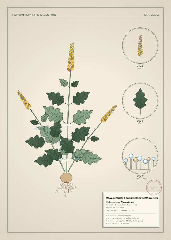 Botanische Tafel: Hohensteinia hohensteinernstthalensis, eine erfundene Pflanze aus Hohenstein-Ernstthal, gezeichnet wie in einem alten Pflanzenatlas