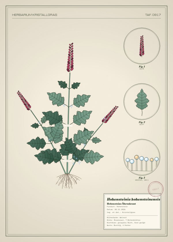 Botanische Tafel: Hohensteinia hohensteinensis, eine erfundene Pflanze aus Hohenstein, gezeichnet wie in einem alten Pflanzenatlas