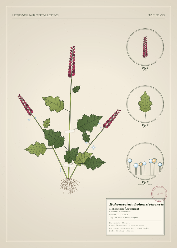 Botanische Tafel: Hohensteinia hohensteinensis, eine erfundene Pflanze aus Hohenstein, gezeichnet wie in einem alten Pflanzenatlas