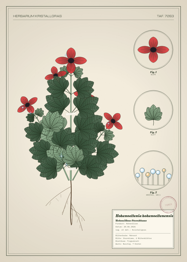 Botanische Tafel: Hohenoellenia hohenoellenensis, eine erfundene Pflanze aus Hohenöllen, gezeichnet wie in einem alten Pflanzenatlas