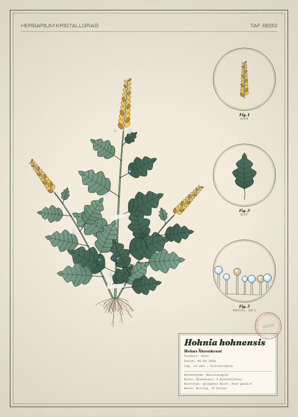 Botanische Tafel: Hohnia hohnensis, eine erfundene Pflanze aus Hohn, gezeichnet wie in einem alten Pflanzenatlas