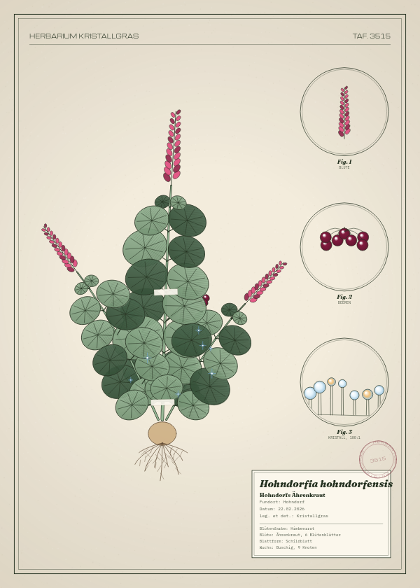 Botanische Tafel: Hohndorfia hohndorfensis, eine erfundene Pflanze aus Hohndorf, gezeichnet wie in einem alten Pflanzenatlas