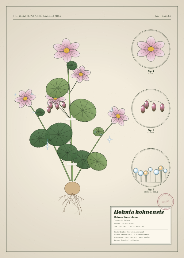Botanische Tafel: Hohnia hohnensis, eine erfundene Pflanze aus Hohne, gezeichnet wie in einem alten Pflanzenatlas