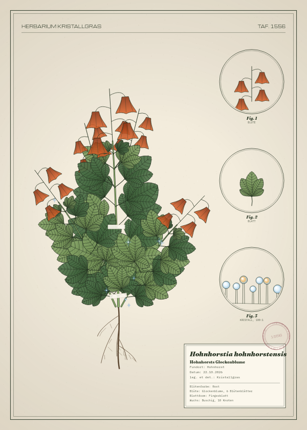 Botanische Tafel: Hohnhorstia hohnhorstensis, eine erfundene Pflanze aus Hohnhorst, gezeichnet wie in einem alten Pflanzenatlas