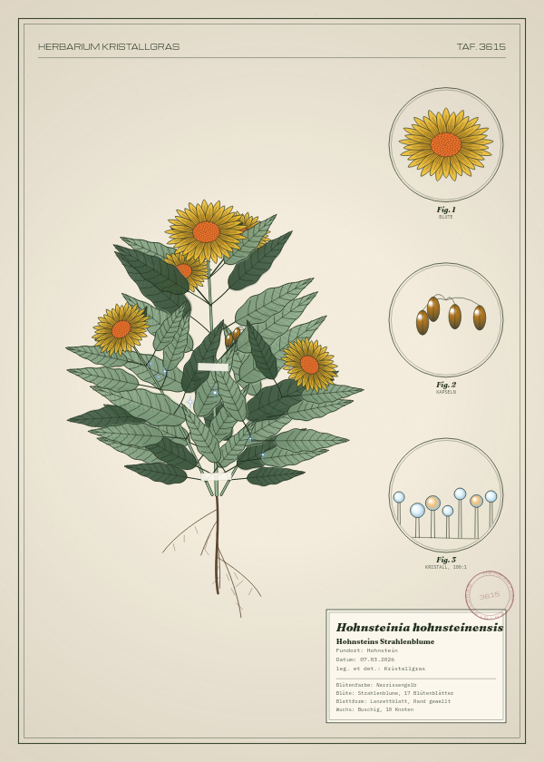 Botanische Tafel: Hohnsteinia hohnsteinensis, eine erfundene Pflanze aus Hohnstein, gezeichnet wie in einem alten Pflanzenatlas