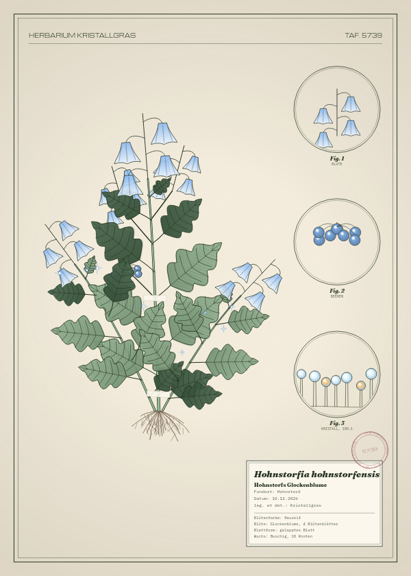 Botanische Tafel: Hohnstorfia hohnstorfensis, eine erfundene Pflanze aus Hohnstorf, gezeichnet wie in einem alten Pflanzenatlas