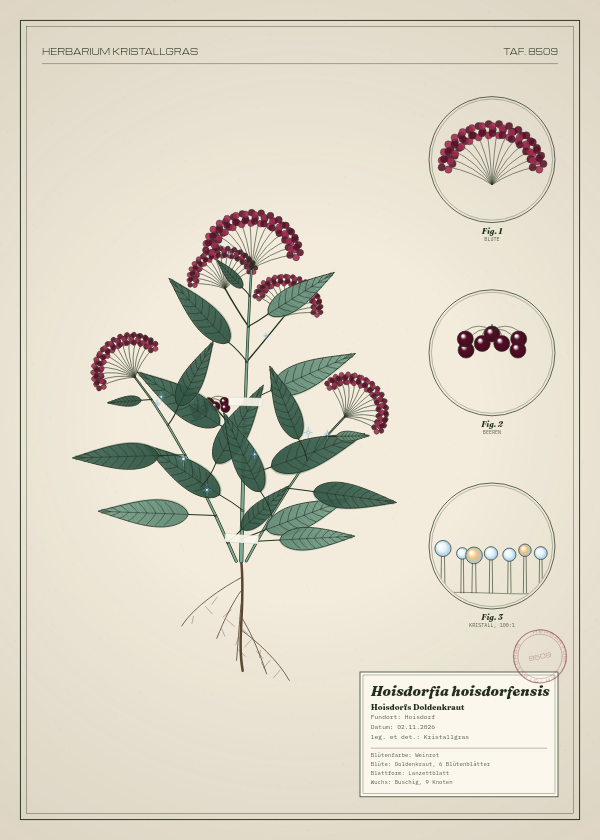 Botanische Tafel: Hoisdorfia hoisdorfensis, eine erfundene Pflanze aus Hoisdorf, gezeichnet wie in einem alten Pflanzenatlas