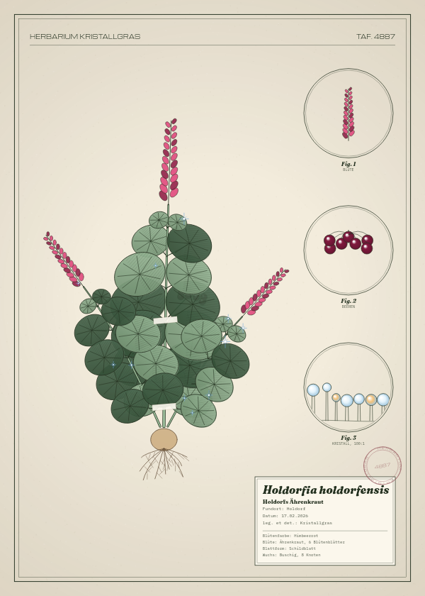 Botanische Tafel: Holdorfia holdorfensis, eine erfundene Pflanze aus Holdorf, gezeichnet wie in einem alten Pflanzenatlas