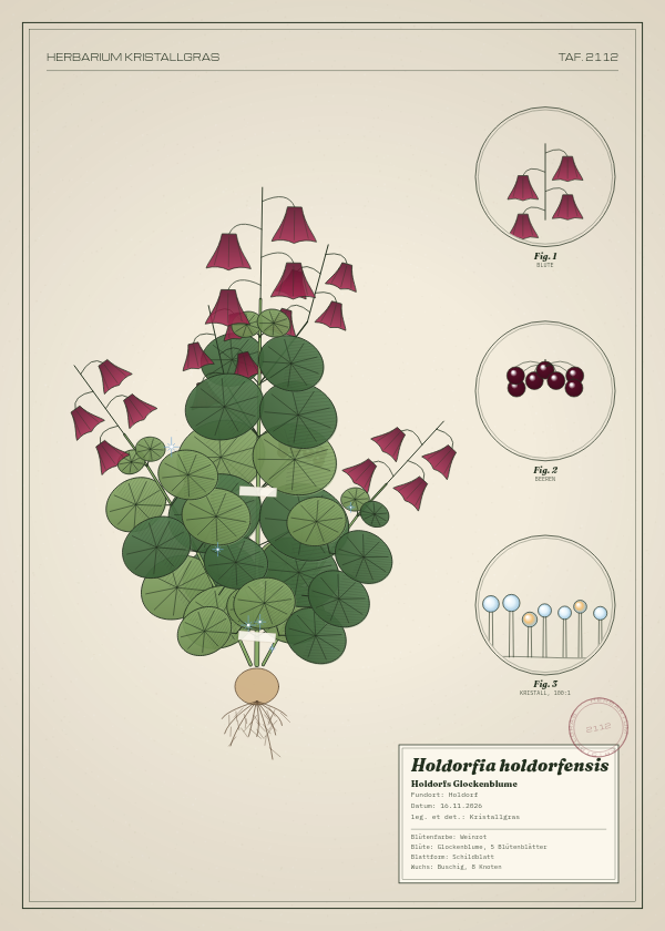 Botanische Tafel: Holdorfia holdorfensis, eine erfundene Pflanze aus Holdorf, gezeichnet wie in einem alten Pflanzenatlas