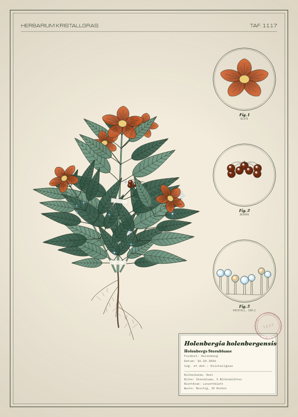 Botanische Tafel: Holenbergia holenbergensis, eine erfundene Pflanze aus Holenberg, gezeichnet wie in einem alten Pflanzenatlas