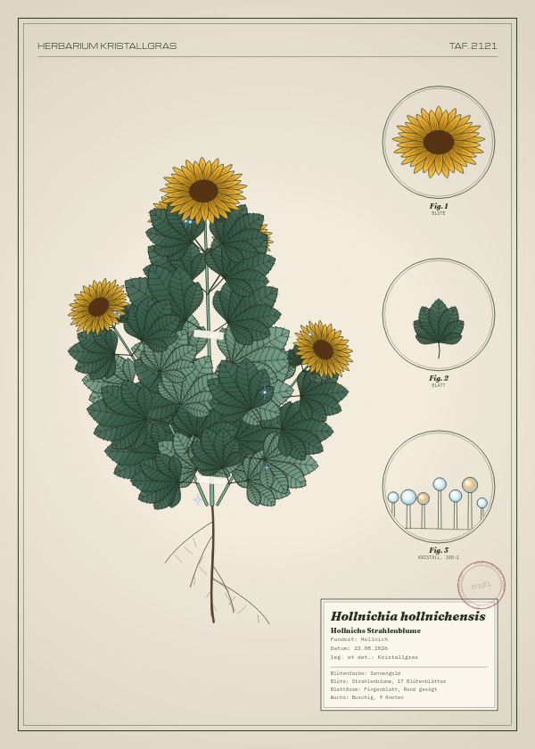 Botanische Tafel: Hollnichia hollnichensis, eine erfundene Pflanze aus Hollnich, gezeichnet wie in einem alten Pflanzenatlas