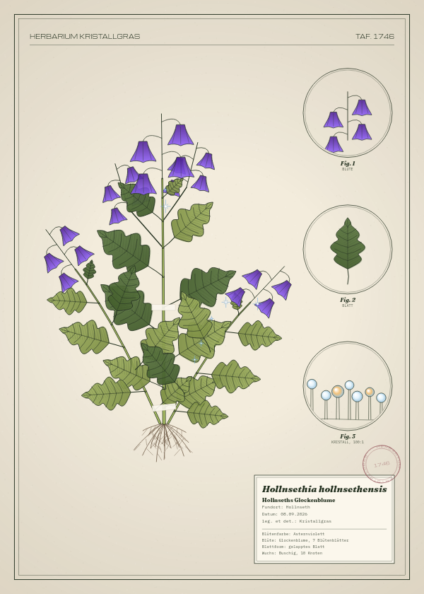 Botanische Tafel: Hollnsethia hollnsethensis, eine erfundene Pflanze aus Hollnseth, gezeichnet wie in einem alten Pflanzenatlas
