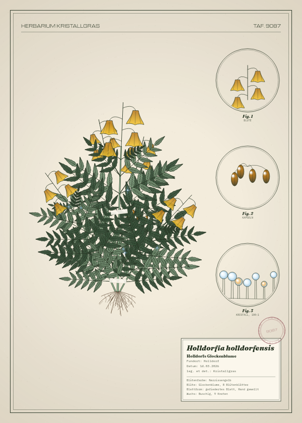 Botanische Tafel: Holldorfia holldorfensis, eine erfundene Pflanze aus Holldorf, gezeichnet wie in einem alten Pflanzenatlas