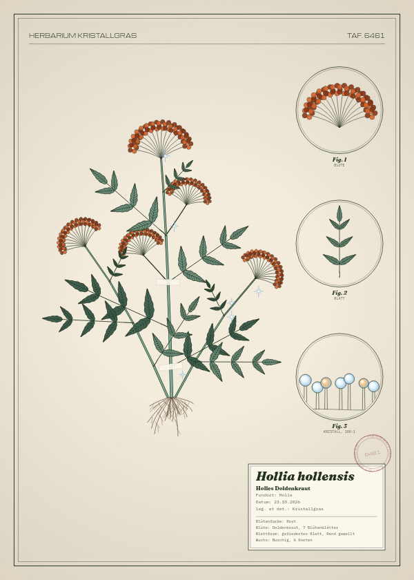 Botanische Tafel: Hollia hollensis, eine erfundene Pflanze aus Holle, gezeichnet wie in einem alten Pflanzenatlas