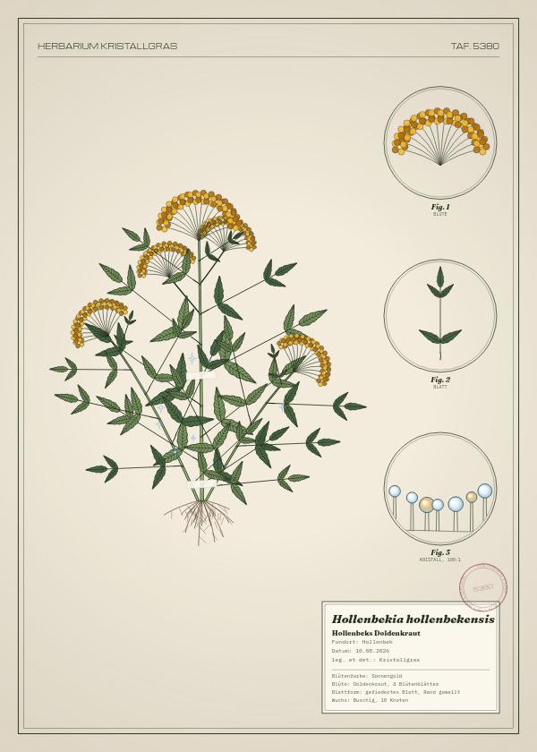 Botanische Tafel: Hollenbekia hollenbekensis, eine erfundene Pflanze aus Hollenbek, gezeichnet wie in einem alten Pflanzenatlas