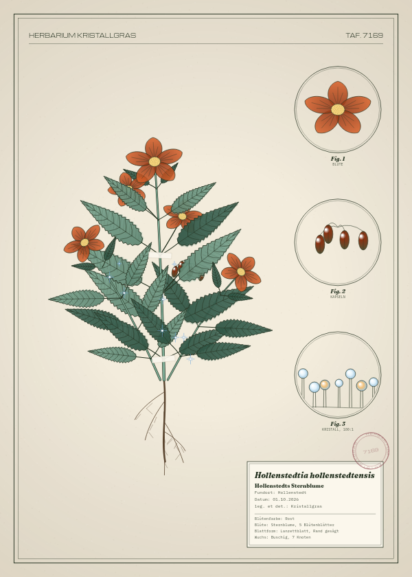 Botanische Tafel: Hollenstedtia hollenstedtensis, eine erfundene Pflanze aus Hollenstedt, gezeichnet wie in einem alten Pflanzenatlas