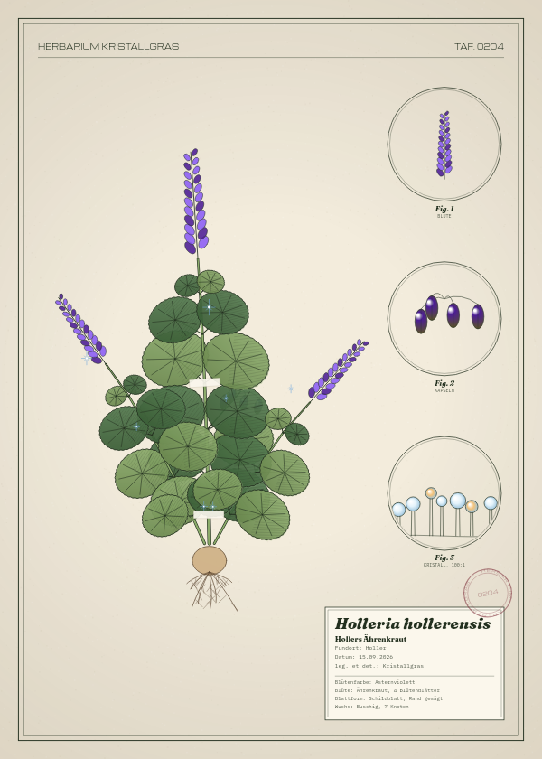 Botanische Tafel: Holleria hollerensis, eine erfundene Pflanze aus Holler, gezeichnet wie in einem alten Pflanzenatlas