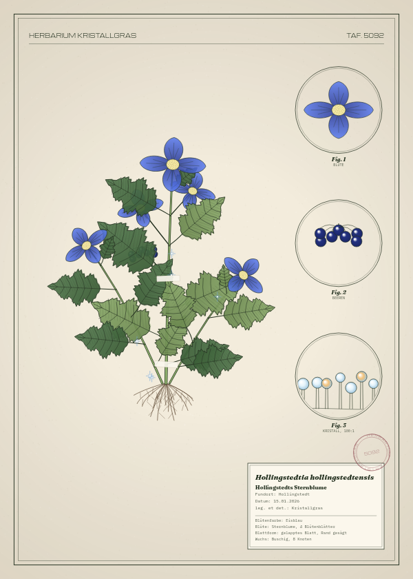 Botanische Tafel: Hollingstedtia hollingstedtensis, eine erfundene Pflanze aus Hollingstedt, gezeichnet wie in einem alten Pflanzenatlas