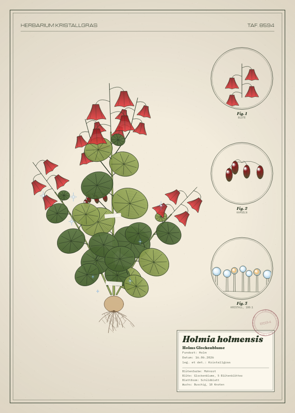 Botanische Tafel: Holmia holmensis, eine erfundene Pflanze aus Holm, gezeichnet wie in einem alten Pflanzenatlas