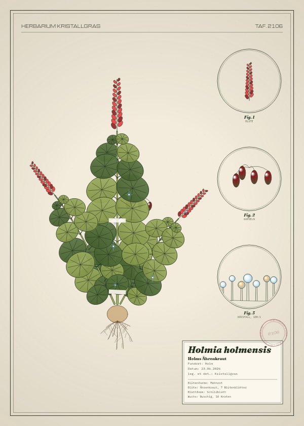 Botanische Tafel: Holmia holmensis, eine erfundene Pflanze aus Holm, gezeichnet wie in einem alten Pflanzenatlas