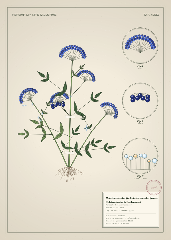 Botanische Tafel: Holstenniendorfia holstenniendorfensis, eine erfundene Pflanze aus Holstenniendorf, gezeichnet wie in einem alten Pflanzenatlas