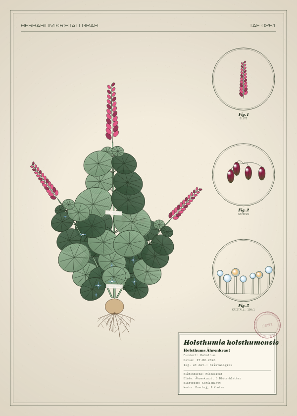 Botanische Tafel: Holsthumia holsthumensis, eine erfundene Pflanze aus Holsthum, gezeichnet wie in einem alten Pflanzenatlas