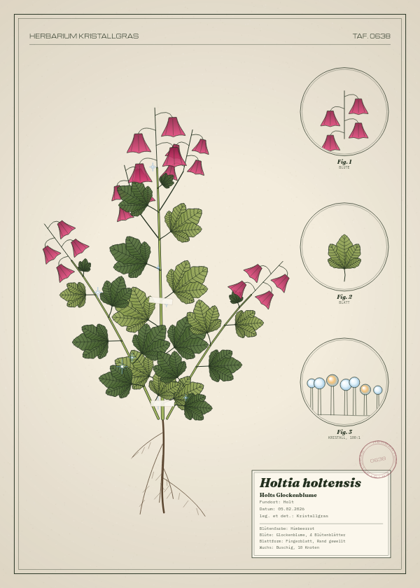 Botanische Tafel: Holtia holtensis, eine erfundene Pflanze aus Holt, gezeichnet wie in einem alten Pflanzenatlas