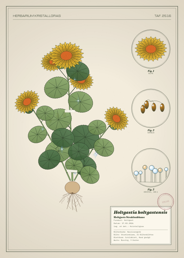 Botanische Tafel: Holtgastia holtgastensis, eine erfundene Pflanze aus Holtgast, gezeichnet wie in einem alten Pflanzenatlas